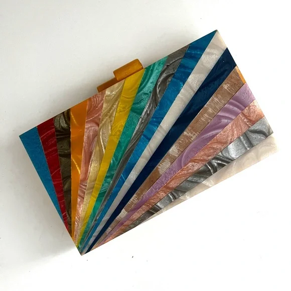 Wood Acrylic Inlay Box Purse Clutch Rainbow Sunburst Design Gold Chain Strap - Picture 5 of 7